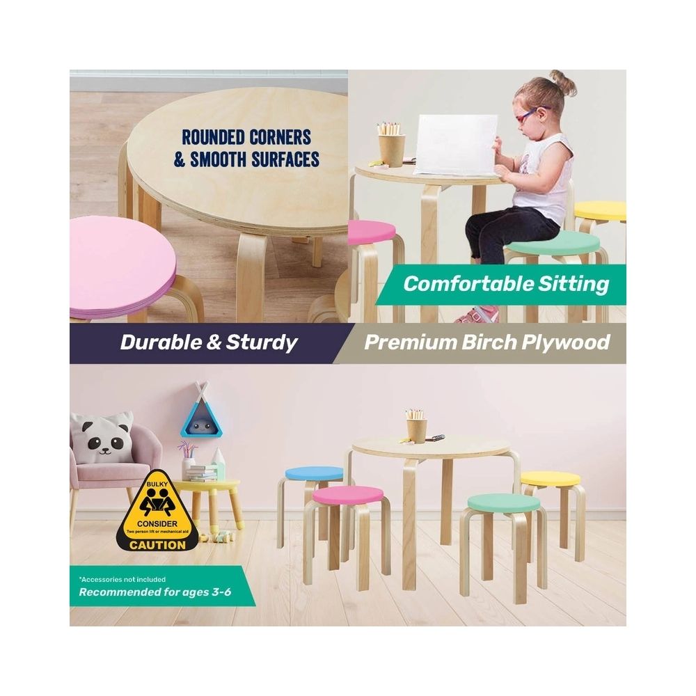 Home Master 5PCE Kids Wooden Table & Coloured Stools Set