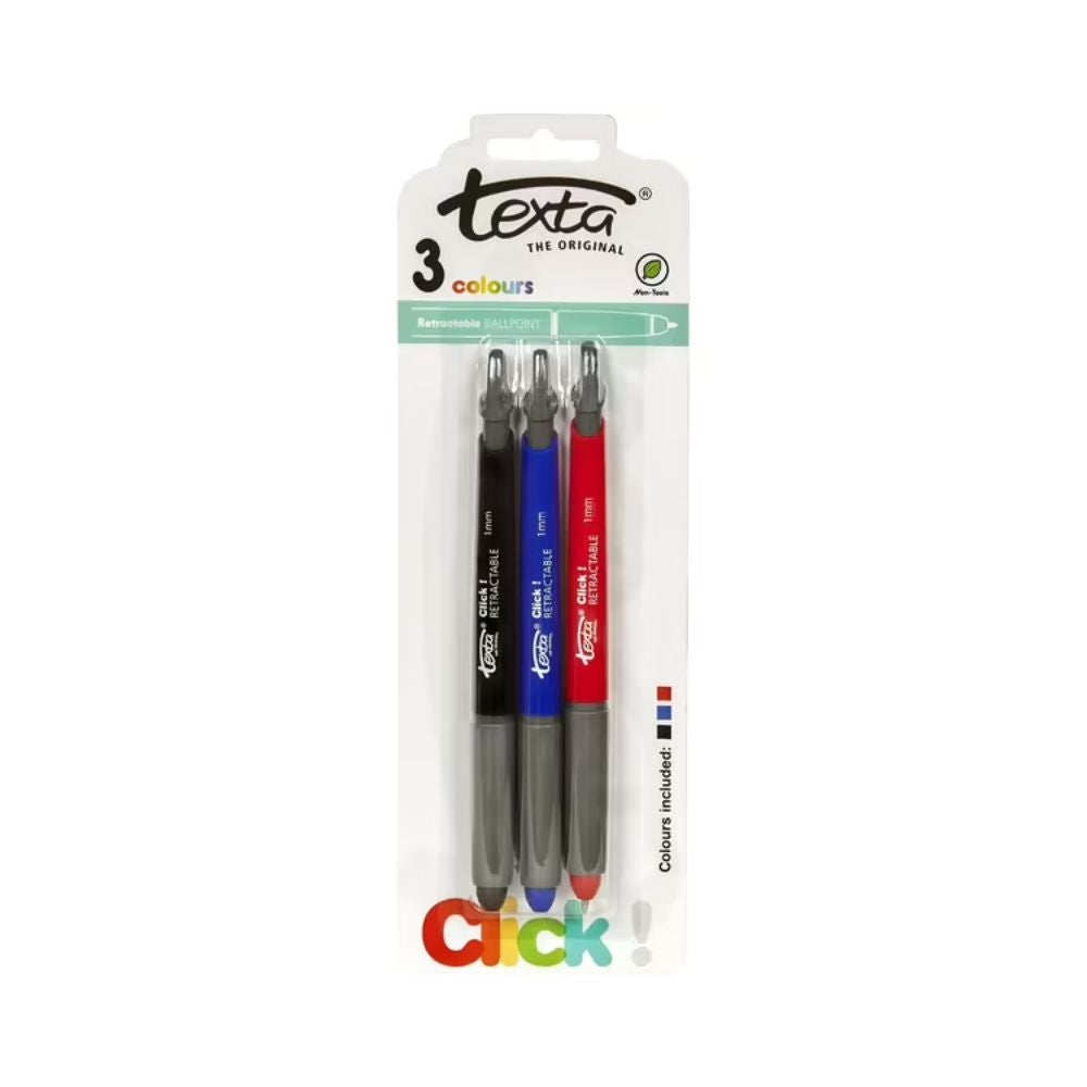 6 Pack x Texta Retractable Ballpoint Pens Assorted Colours 3pc