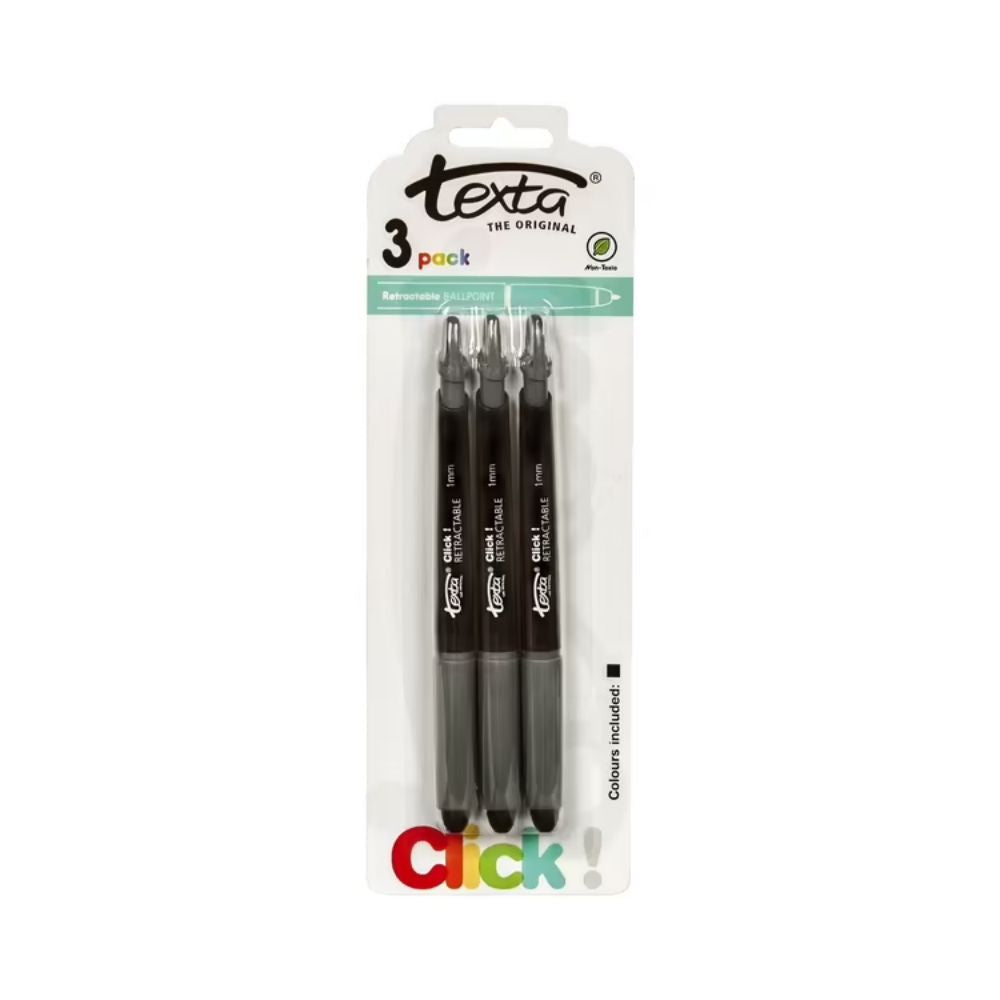 6 Pack x Texta Retractable Ballpoint Pens Black 3pc