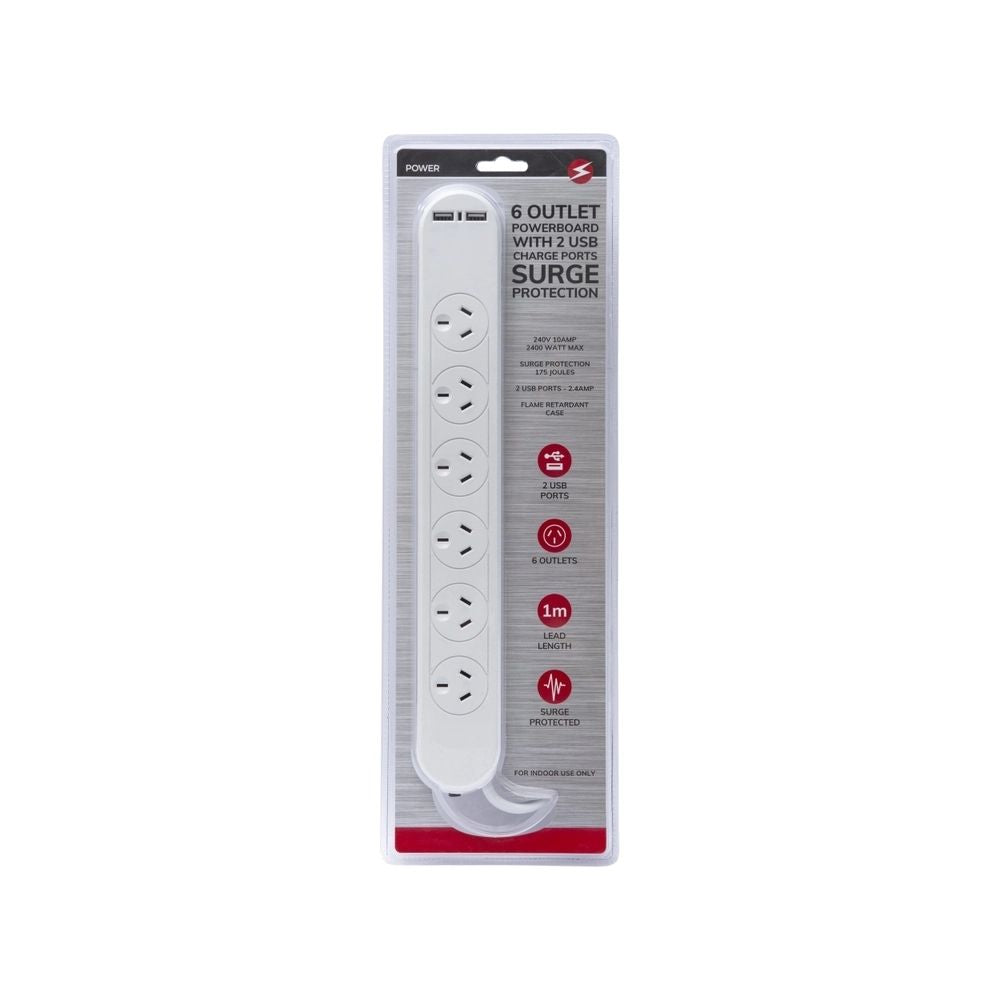 6 Outlet Powerboard With Surge Protection and Dual USB Charger