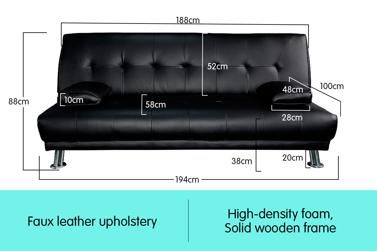 Sarantino 3 Seater Faux Leather Sofa Bed Couch Lounge Futon - Black