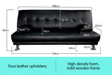 Sarantino 3 Seater Faux Leather Sofa Bed Couch Lounge Futon - Black