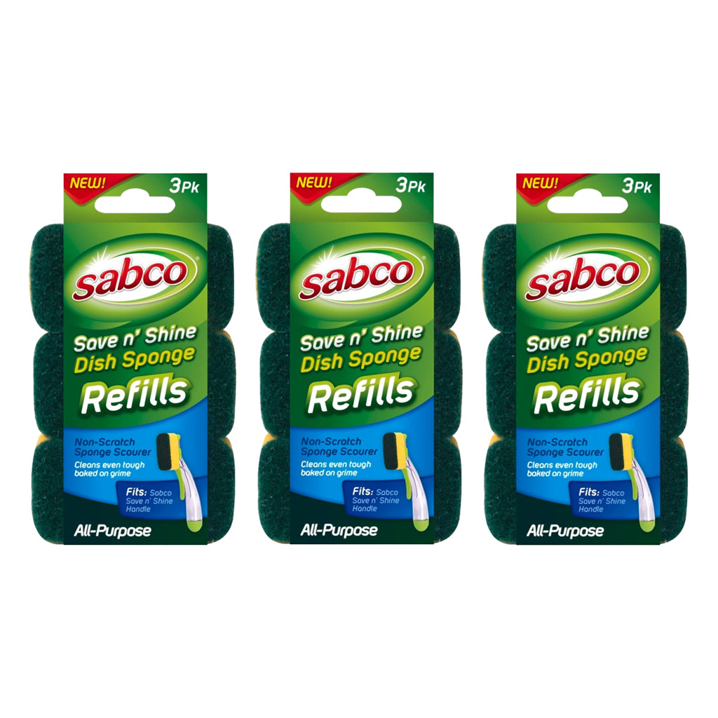 3 x Sabco Save N' Shine Dish Sponge Head Refill 3 Pack