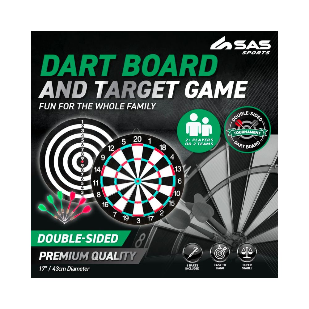 Double Sided Dartboard and Target Game With Darts - 28.5cm