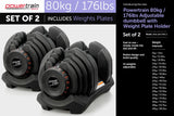 2x 40kg Powertrain Adjustable Dumbbells Home Gym Set