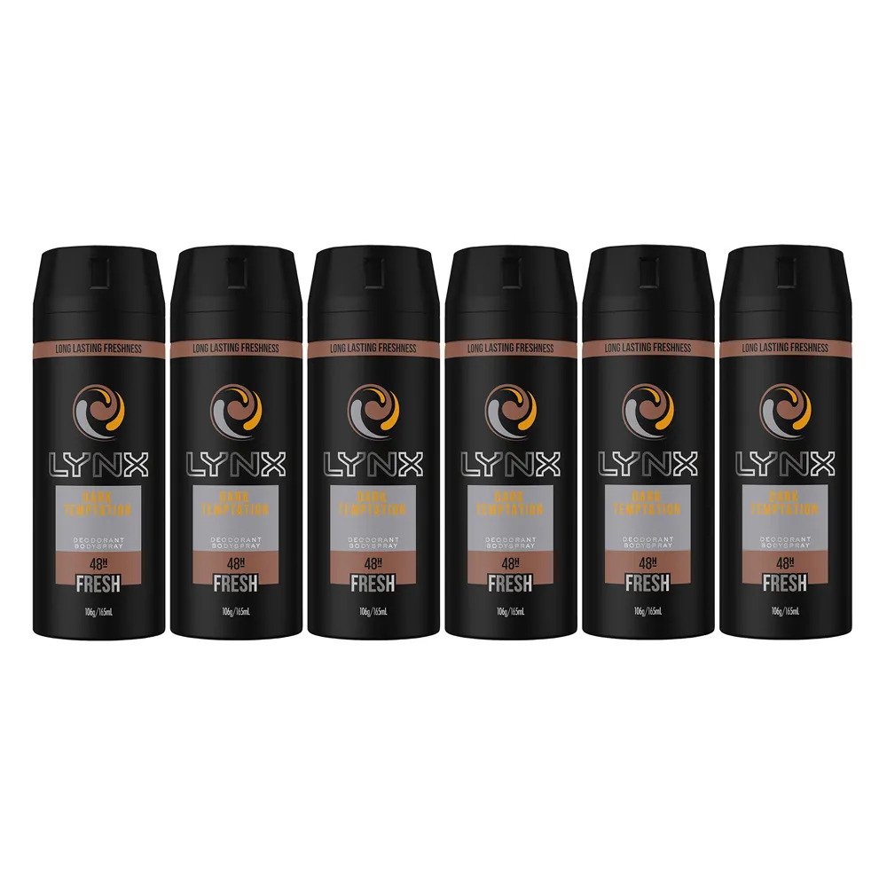 6 Pack x Lynx Men Body Spray Aerosol Deodorant Dark Temptation 155ml