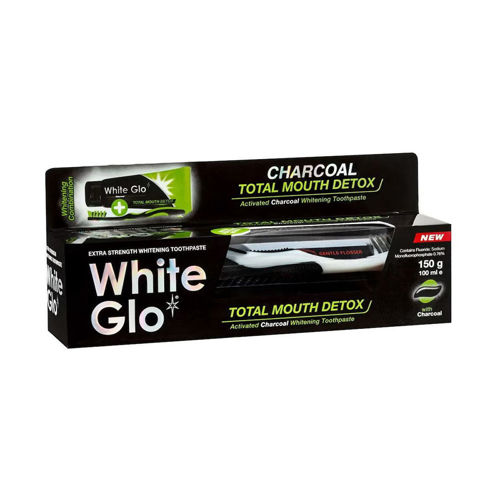 White Glo Charcoal Total Mouth Detox with Bonus Brush - 150g
