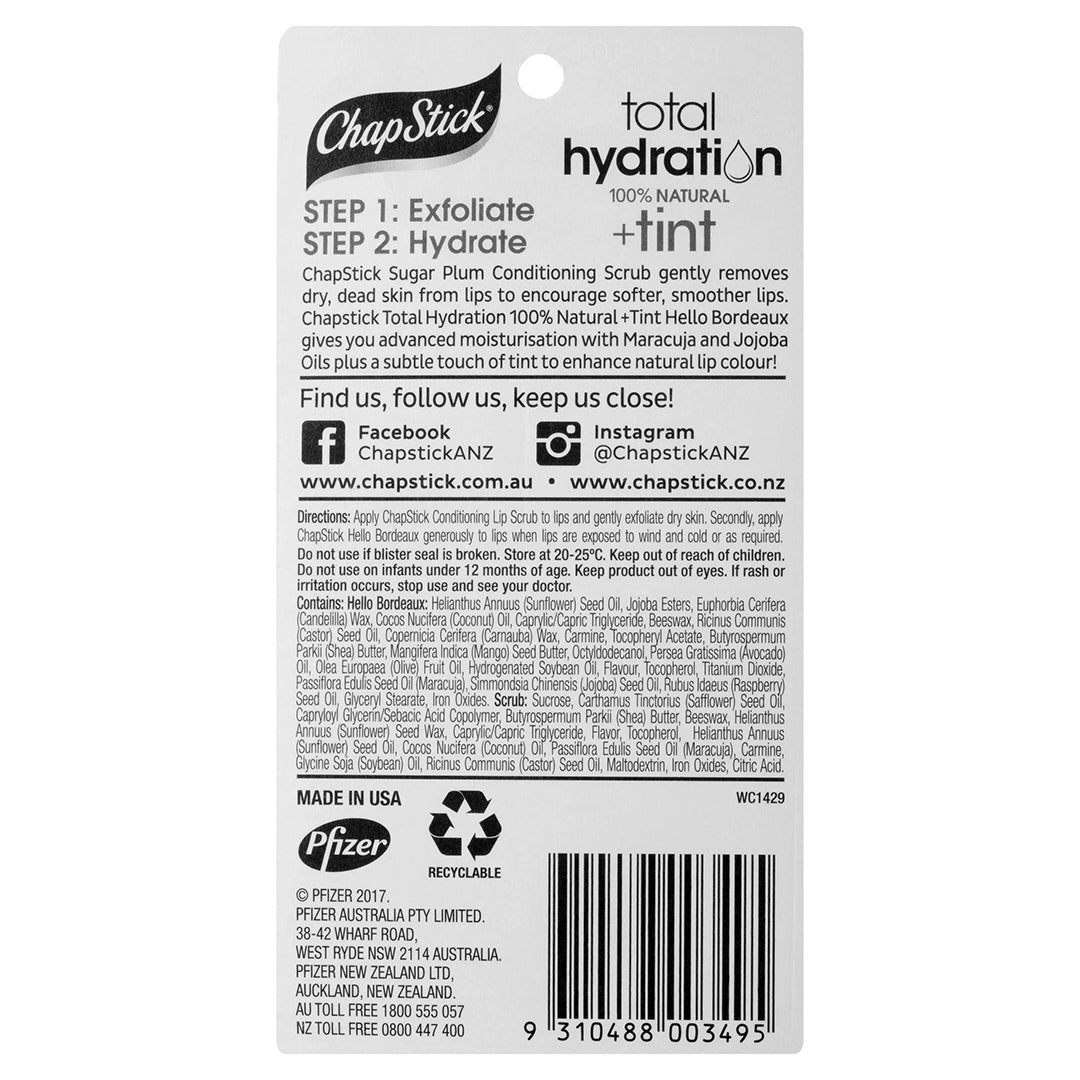 ChapStick Total Hydration Tint Hello Bordeaux & Sugar Plum Lip Scrub
