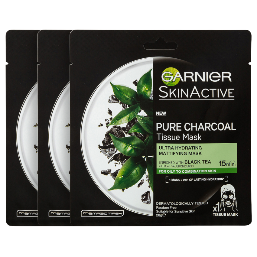 3 Pack x Garnier SkinActive Pure Charcoal Tissue Mask 28g