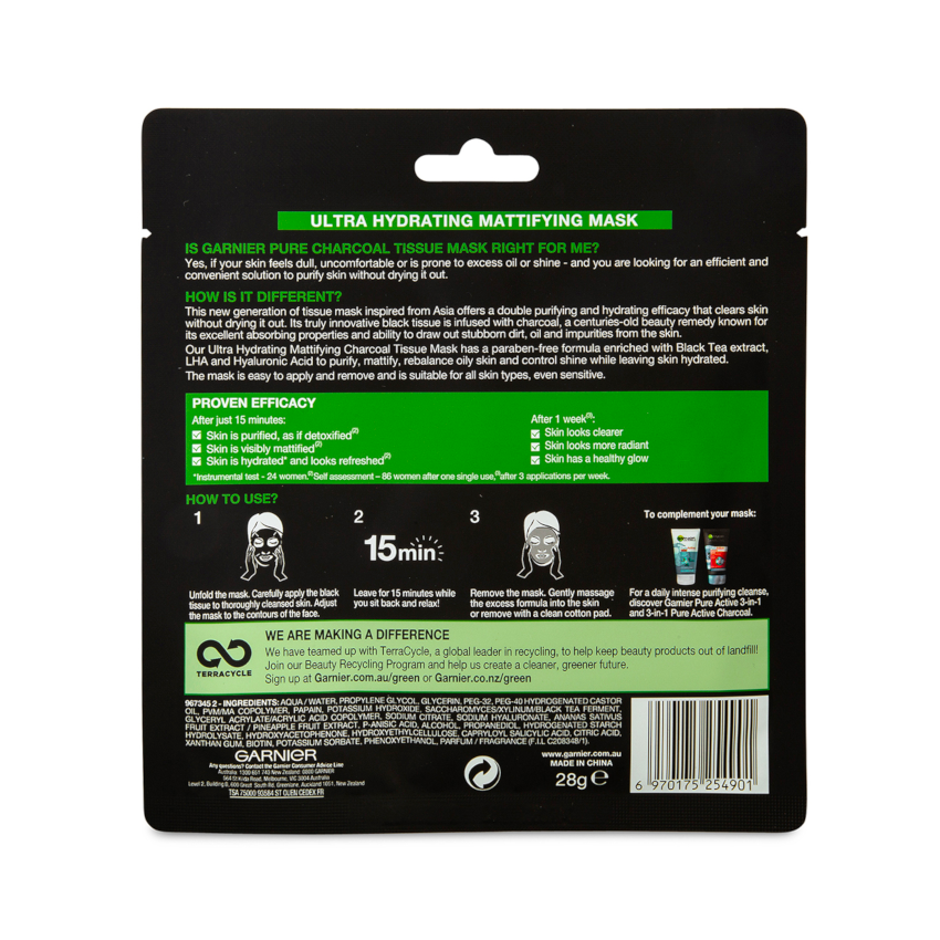 3 Pack x Garnier SkinActive Pure Charcoal Tissue Mask 28g