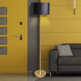 Sarantino Metal Floor Lamp in Brushed Brass Finish Black Linen Shade