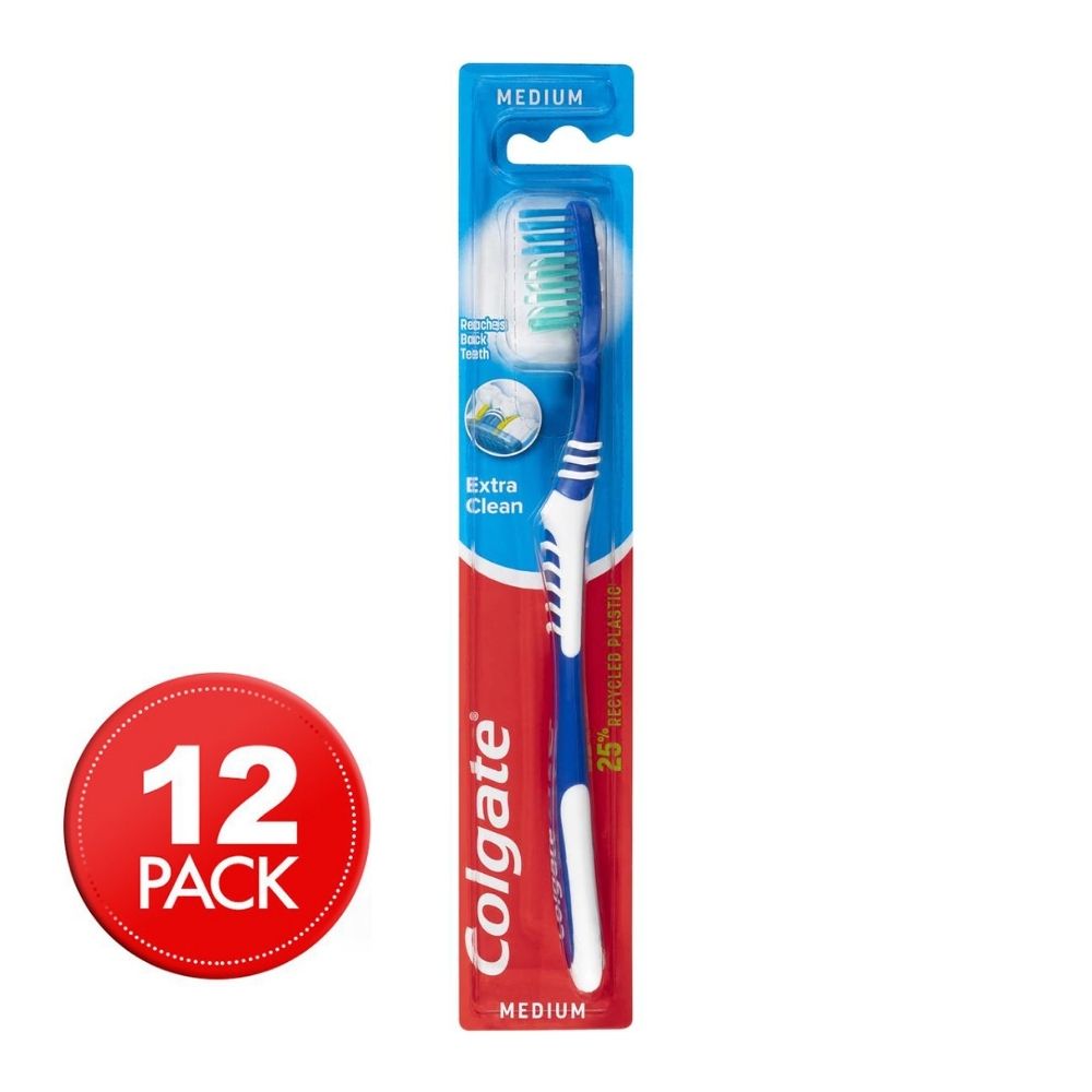 12 Pack x Colgate Extra Clean Toothbrush With Rubber Tongue Cleaner - Medium