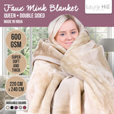 Laura Hill 600GSM Faux Mink Blanket Double-Sided Queen Size - Beige