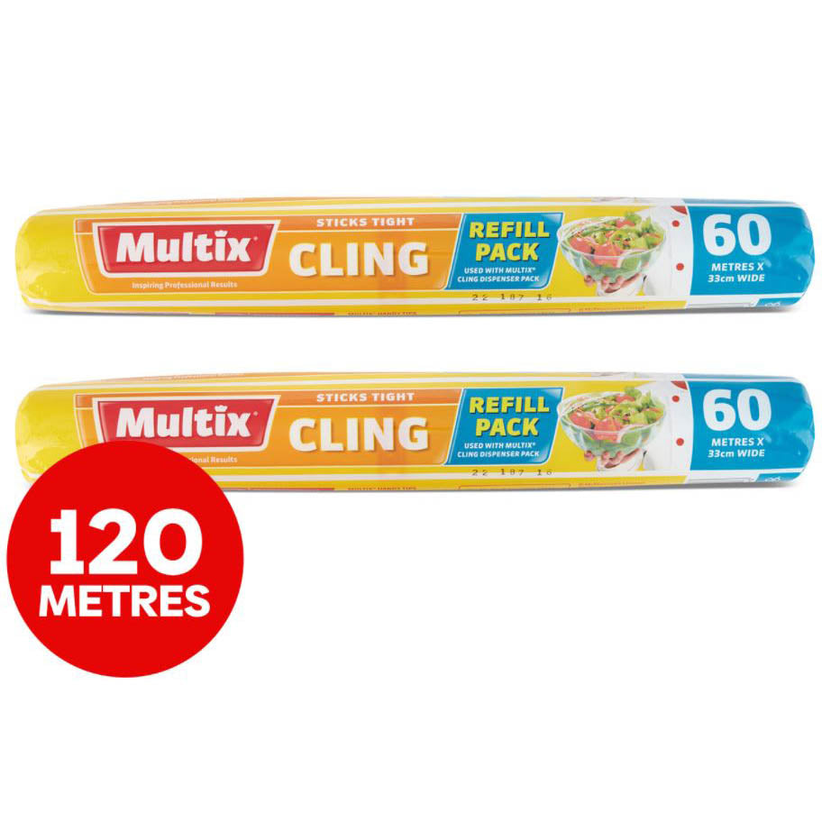 2 x Multix 60m x 33cm Super Strong Cling Wrap Refill Roll