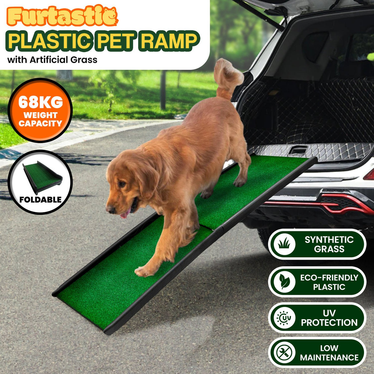 Furtastic Foldable Plastic Dog Ramp with Synthetic Grass