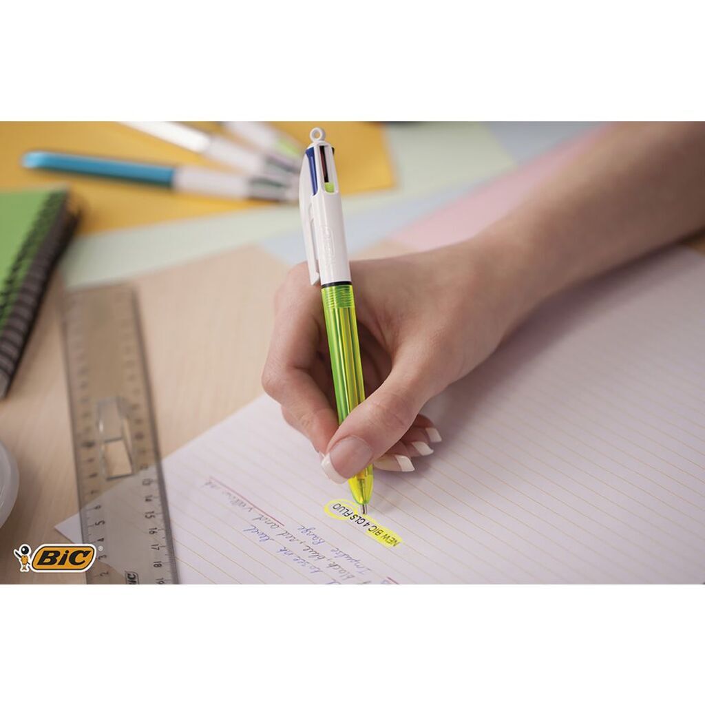 6 Pack x Bic 4 Colour Fluo Retractable Ballpoint Pen (2pc)
