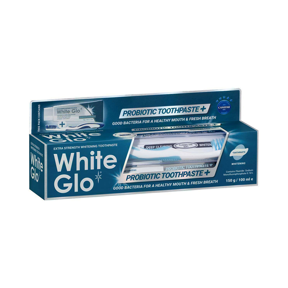 2 Pack x White Glo Probiotic Whitening Toothpaste with Bonus Brush - 150g