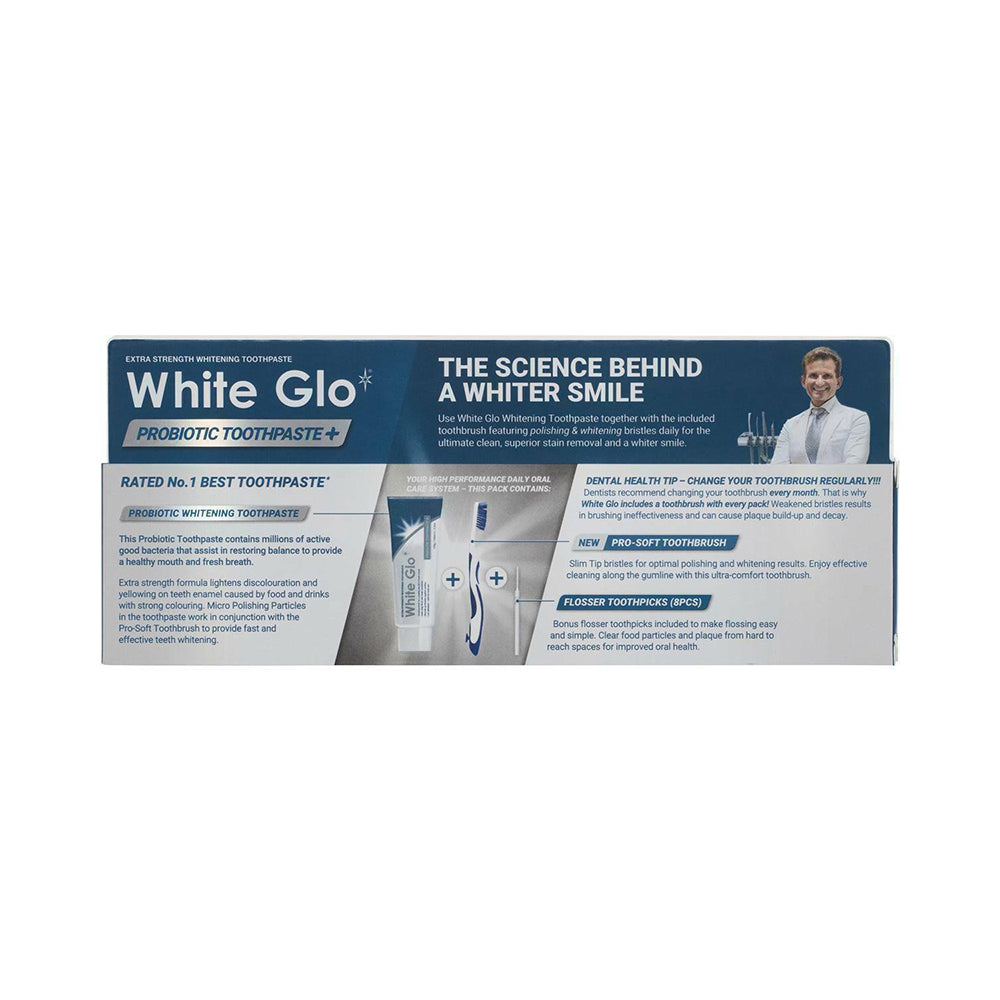 2 Pack x White Glo Probiotic Whitening Toothpaste with Bonus Brush - 150g