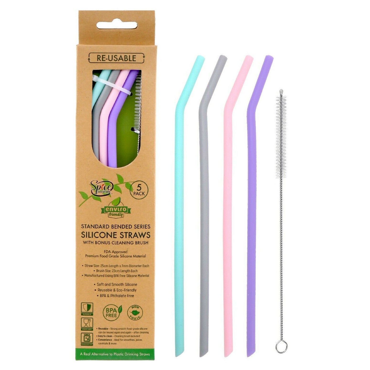 Enviro Friendly Reusable Bended Silicone Straws (4PK) with Bonus Cleaning Brush