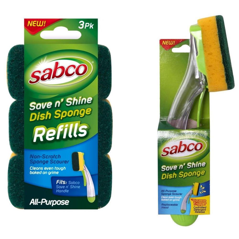 Sabco Save N' Shine Dish Sponge With Squeeze Trigger Handle & Head Refill Bundle