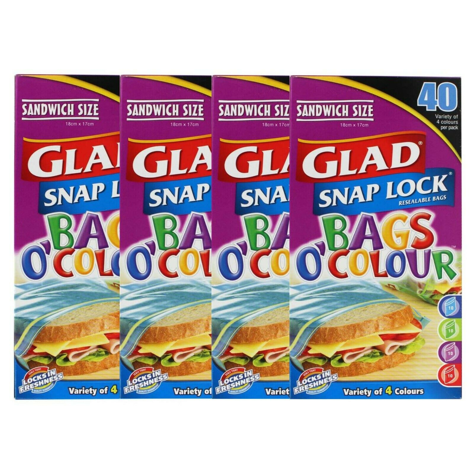 4 x Glad Snap Lock Bags O'Colour Sandwich Bags (160 Pack)