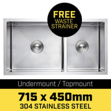 304 Stainless Steel Undermount Topmount Kitchen Laundry Sink - 715 x 450mm