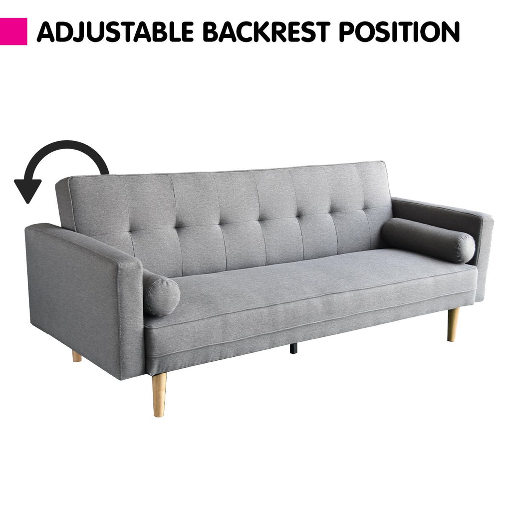 Sarantino 3 Seater Linen Sofa Bed Couch with Pillows - Light Grey