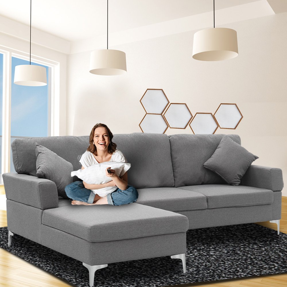 Sarantino Linen Corner Sofa Couch Lounge L-shape Right Chaise D.Grey