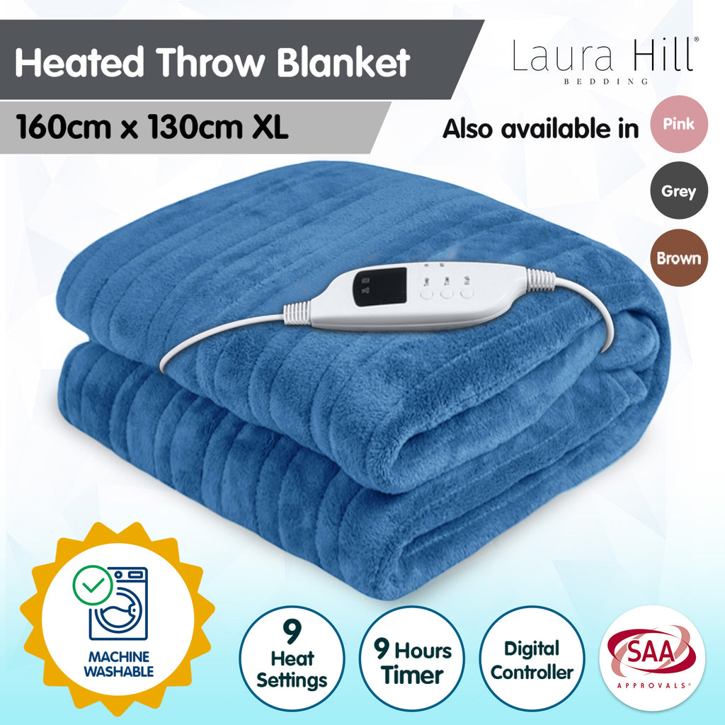Laura Hill Heated Electric Blanket Coral Warm Fleece Winter Blue